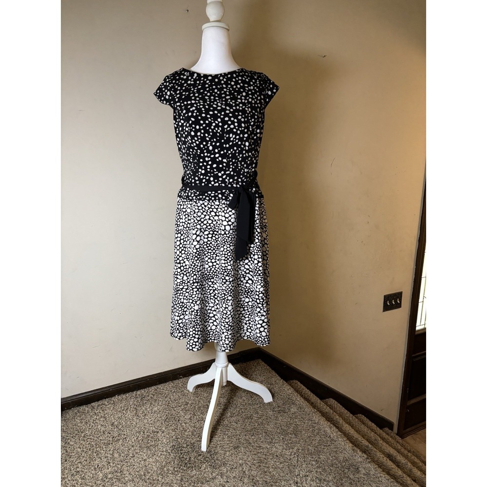 Anne Klein 10 Black Flare dress Polka Dot Belted Career Cocktail Sleeveless